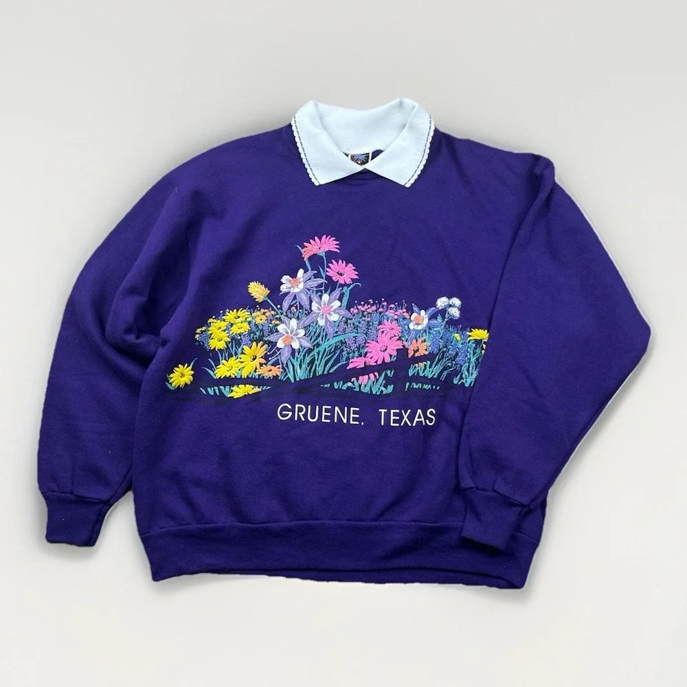 Vintage Gruene Texas Sweatshirt Women's Size Large Floral Double Sided Collared‎